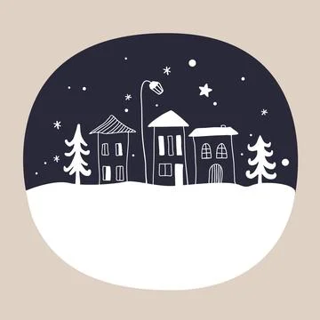 Winter night linear landscape with a small village. Cartoon Christmas illus.. Stock Illustration