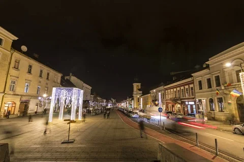 Winter night scenery city square with Christmas tree and holiday market Stock Footage 83482427