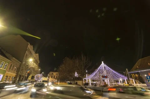 Winter night scenery city square with Christmas tree and holiday market Stock Footage 83483128