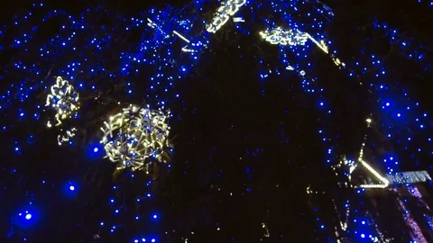 Winter night scenery city square with Christmas tree and holiday market Stock Footage 83873112