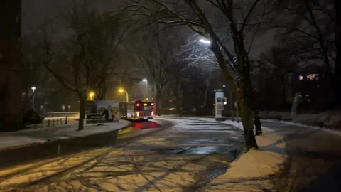 Winter night scenery with falling snow in Braunschweig city with driving bus  Video stock 297411075