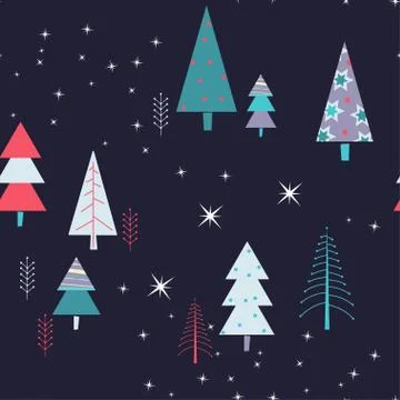 Winter Night Seampless Pattern with purple and Dark Green Colors Stock Illustration