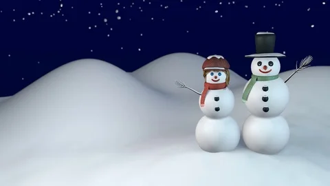 Winter night with snow falling on happy snowman and snow-woman Stock Footage 81693123