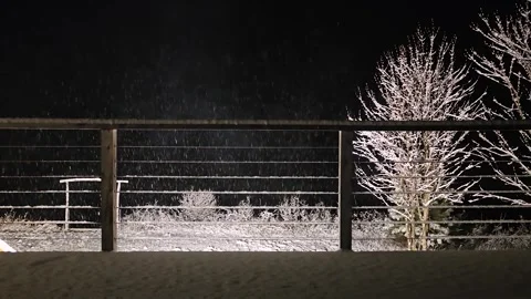 Winter Night Snowfall Over Trees Seen From Balcony - Maniwaki Québec March Scene Stock Footage 310305875