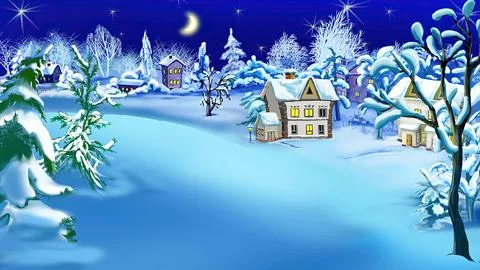 Winter Night in the Snowy Suburbs at Christmas Eve Stock Illustration