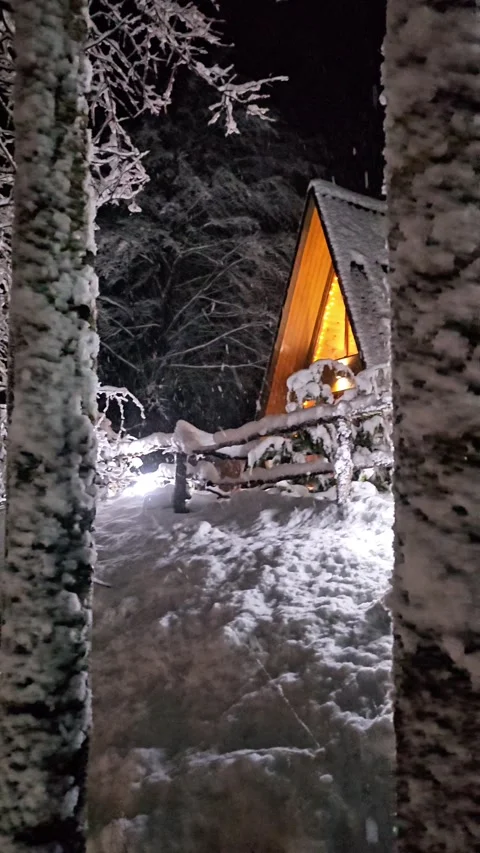 Winter Night Staircase Through Forest to A Frame Cabins Video stock 326670806