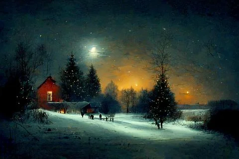 Winter night with starry sky and full moon Stock Illustration