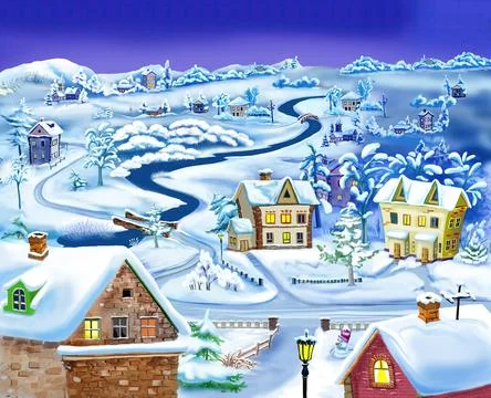 Winter Night in the Suburbs before Christmas Stock Illustration