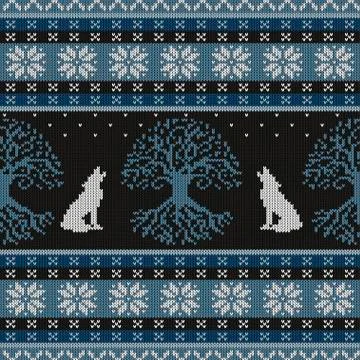 Winter night, Tree of life and howling wolves. Knit woolen seamless pattern イラスト素材