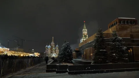 Winter night view of Lenin's mausoleum red square Stock Footage 101445935
