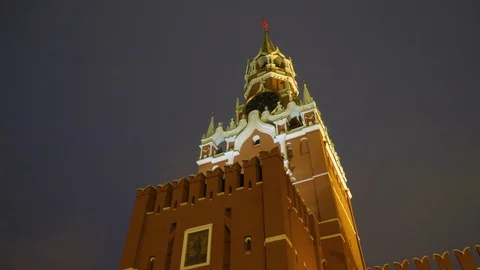 Winter night view of Spasskaya Tower Stock Footage 100291222