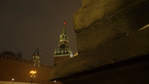 Winter night view of Spasskaya Tower Stock Footage 100291276