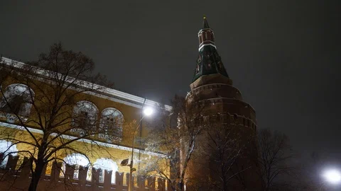 Winter night view of Spasskaya Tower Stock Footage 100291348