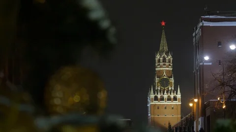 Winter night view of Spasskaya Tower Stock Footage 100291360