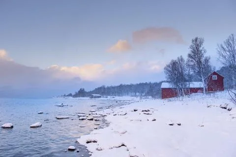 Winter Norway landscape with rorbu Stock Photos
