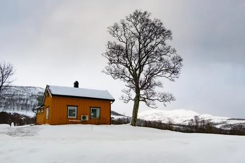 Winter Norway landscape with rorbu Stock Photos