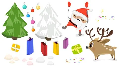 Winter objects and cute characters set. Drunk Santa Claus. Young deer Illustrazione stock
