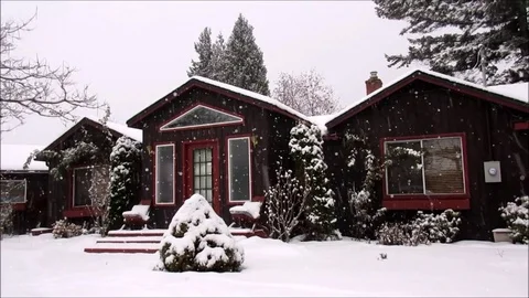 Winter,  old house and street with snow falling Stock Footage