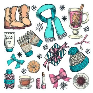 Winter or autumn essentials, vector color sketch illustration. Hand drawn fas Stock Illustration