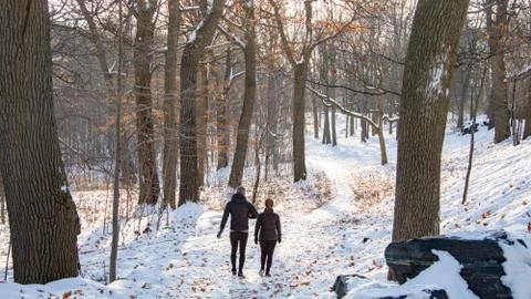 Winter Outdoor Couple Walking Stock Photos