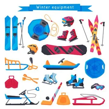 Winter Outdoor Sports and Leisure Equipment Collection, Inflatable Snow Tubing Stock Illustration