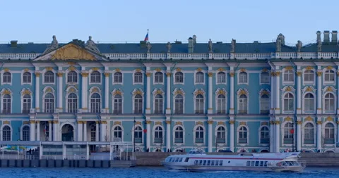 Winter Palace, view from the Neva River. Tourists in pleasure boats  Stock Footage 119606087
