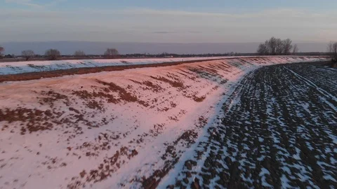 Winter panorama of field during sunset shot from above Stock Footage 89931392