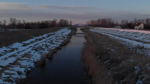 Winter panorama of field during sunset shot from above Stock Footage 89931542