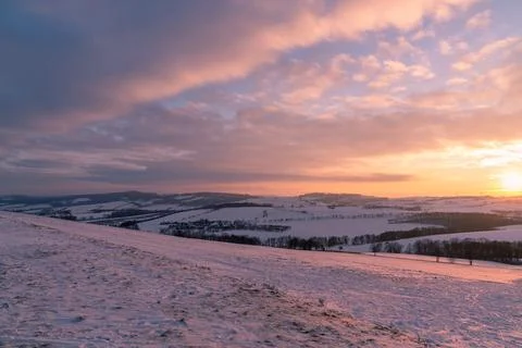 Winter panorama, landscape fields, meadows, trees. Winter morning . Stock Photos