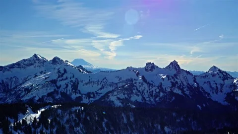 Winter Panorama of Mount Rainier and Tatoosh Range from Skyline Trail Stock Footage 332143457