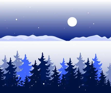 Winter panoramic landscape with trees, valley and mountains hills in distance Stock Illustration