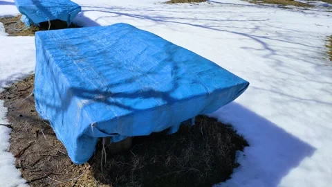 Winter park bench, Blue tarp fluttering in the wind Stock Footage 322040153