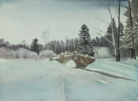 Winter park with a bridge Stock Illustration