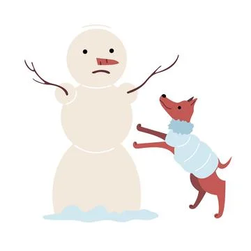 Winter park, a dog in a down jacket plays with a snowman. The snowman was sca 스톡 일러스트