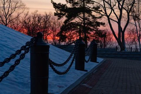 Winter Park in the evening during sunset. Stock-Fotos
