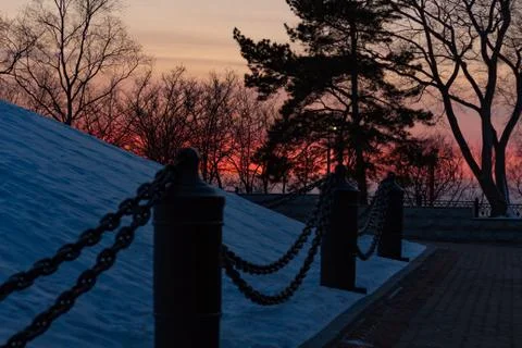 Winter Park in the evening during sunset. Fotos de archivo