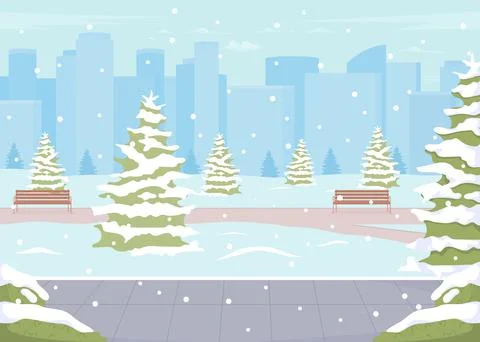 Winter park with evergreen trees flat color vector illustration Illustrazione stock