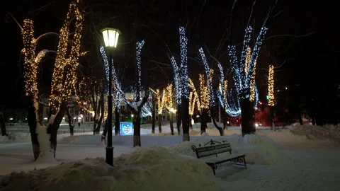 Winter park at night with decorations, glowing lanterns and trees. Stock Footage 169226006