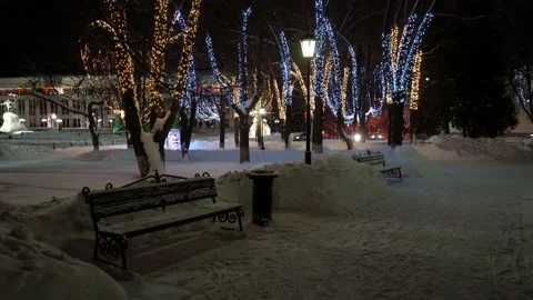 Winter park at night with decorations, glowing lanterns and trees. Stock Footage 169226344
