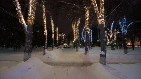 Winter park at night with decorations, glowing lanterns and trees. Stock Footage 169227391