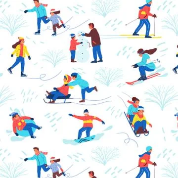 Winter park pattern. Seamless texture of cartoon people playing sport games. Men Ilustración de archivo