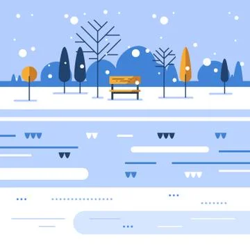 Winter park scene, small bench at river bank, snowing weather, beautiful view Stock Illustration