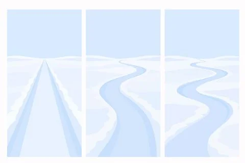 Winter paths through snowy landscape collection Stock Illustration