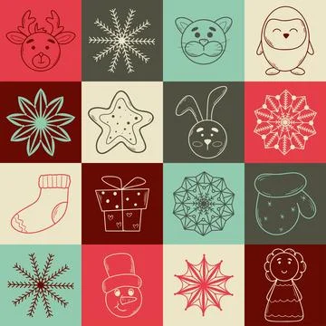 Winter pattern with characters and snowflakes in retro style Stock Illustration