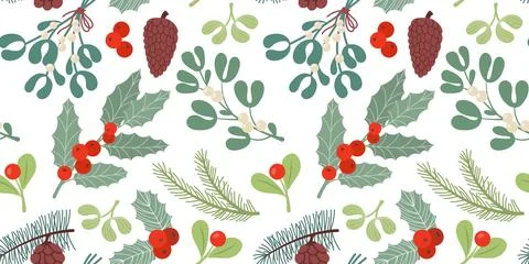 Winter pattern, christmas mistletoe branch, coniferous forest tree. Holiday Stock Illustration