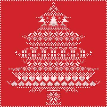 Winter pattern in chritsmas tree shape on red background Stock Illustration