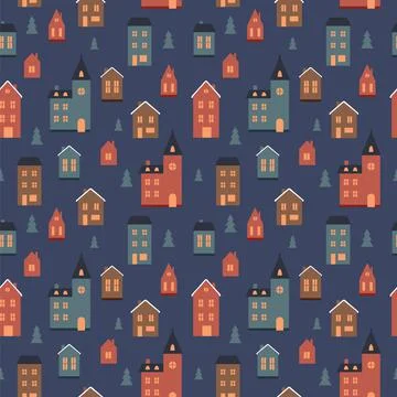 Winter pattern with cute houses, small towm, christmas elements, vector Stock Illustration