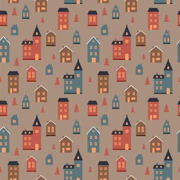 Winter pattern with cute houses, small towm, christmas elements, vector Illustrazione stock