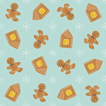 Winter pattern with gingerbread man an snowflakes Stock Illustration