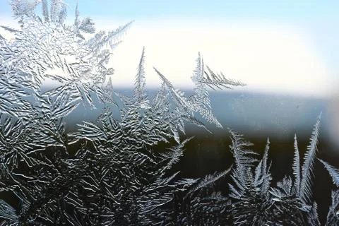 Winter pattern of ice crystals on glass Stock Photos